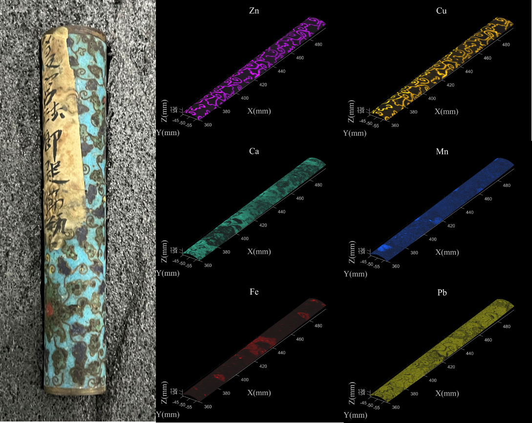 图2 附着纸张的珐琅筒及其表面三维元素分布图